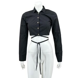 Hollister Top Womens XS Black Cropped Button Up‎ Wrap Tie Long Sleeve Preppy NWT